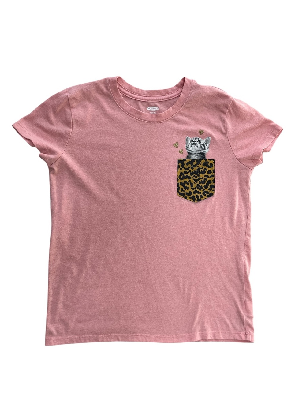 Old Navy Pink Tee with Leopard Pocket Kitten Graphic, Size Youth L (10-12)